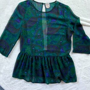 Haute Hippie 3/4 Sleeve Keyhole Back Peplum Waist Paisley Print Blouse Sz L